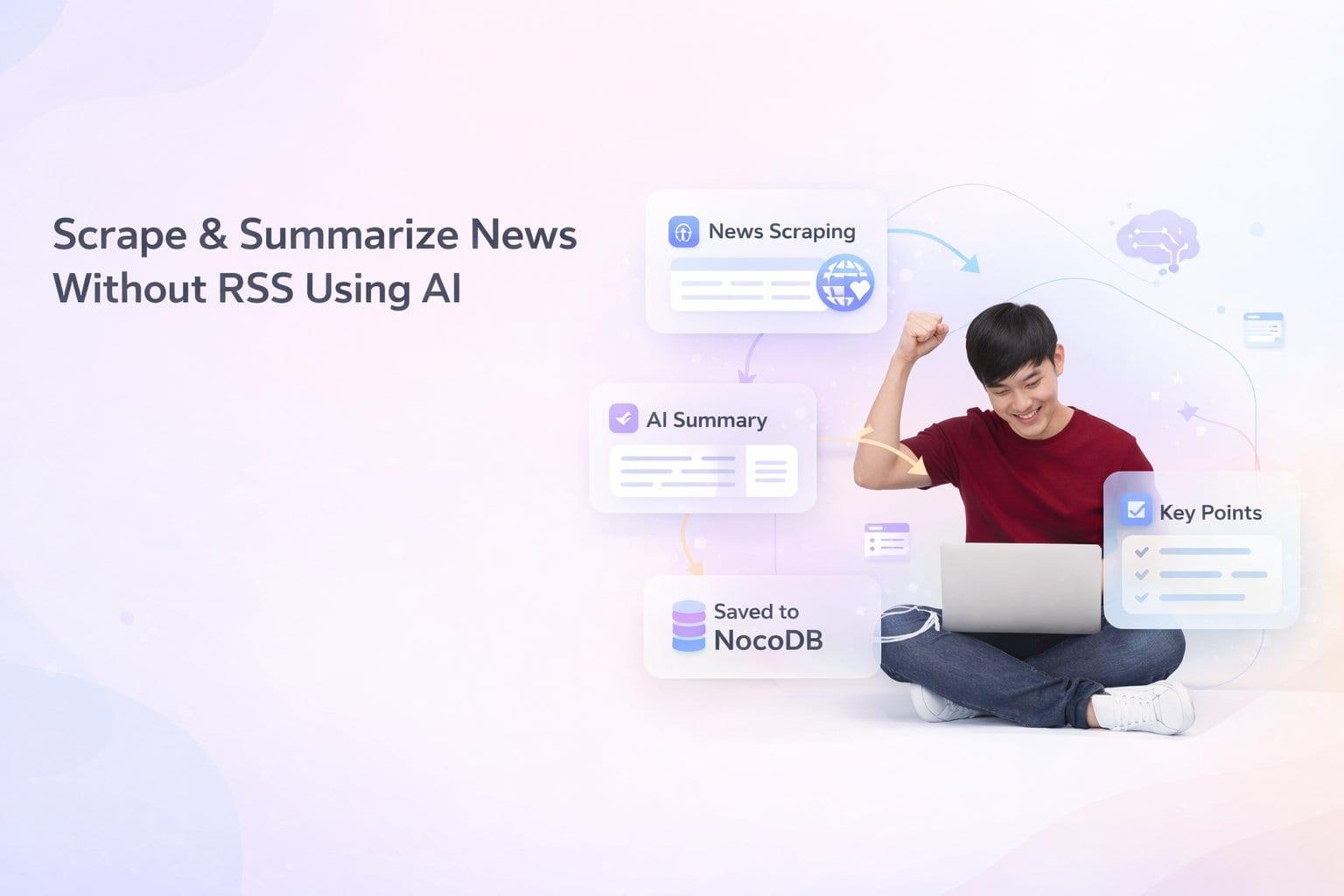 Scrape and summarize posts of a news site without RSS feed using AI and save them to a NocoDB