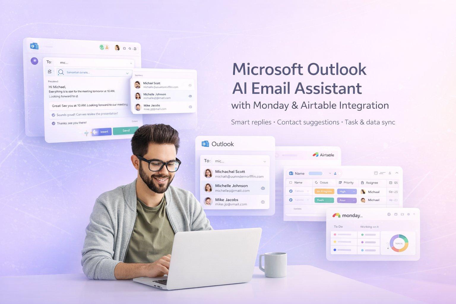 Microsoft Outlook AI Email Assistant with contact support from Monday and Airtable